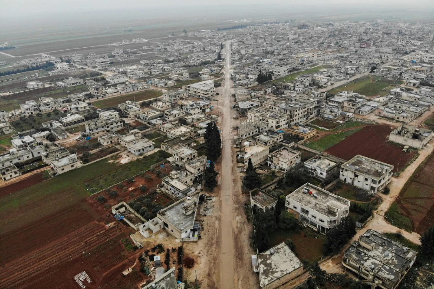 An aerial view of the town of Taftanaz, northeast of Idlib city, Feb. 13, 2020. (AFP)