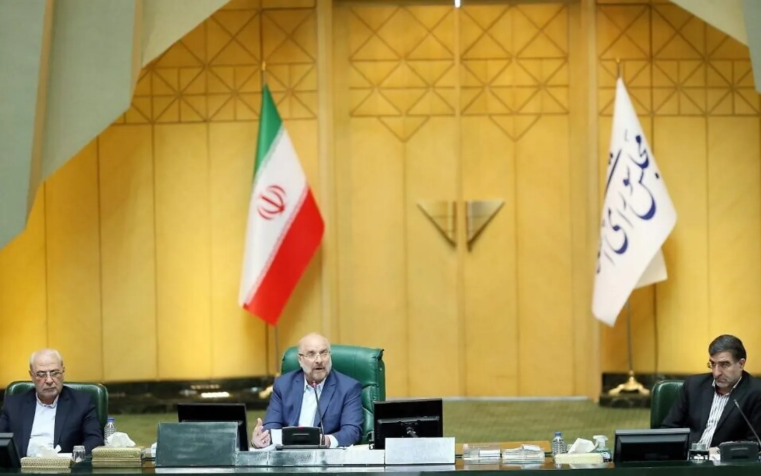 Iranian parliament Speaker Mohammad Bagher Ghalibaf (C) chairing a parliament session in the capital Tehran on May 31, 2020. (AFP)