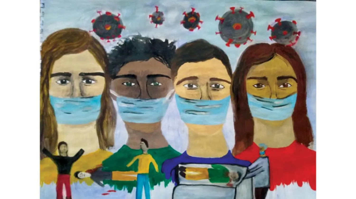 لوحة تصور «كورونا» محاصراً أشخاصاً يتحصنون بكمامات