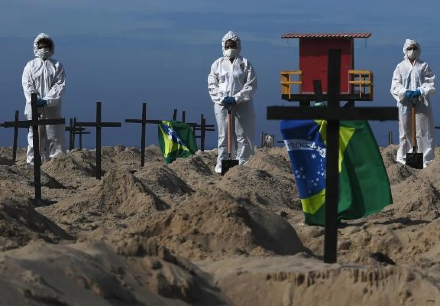 نشطاء من منظمة غير حكومية بجوار 100 مقبرة وهمية ترمز إلى وفيات كورونا في ريو دي جانيرو (ا.ف.ب)