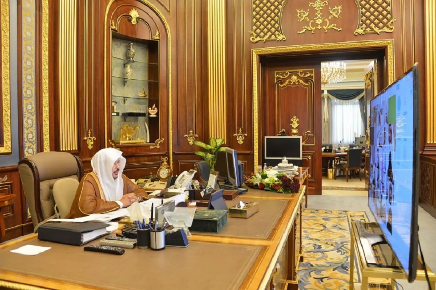 Speaker of Shura Council Abdallah al-Sheikh during a session via video conferencing (SPA)
