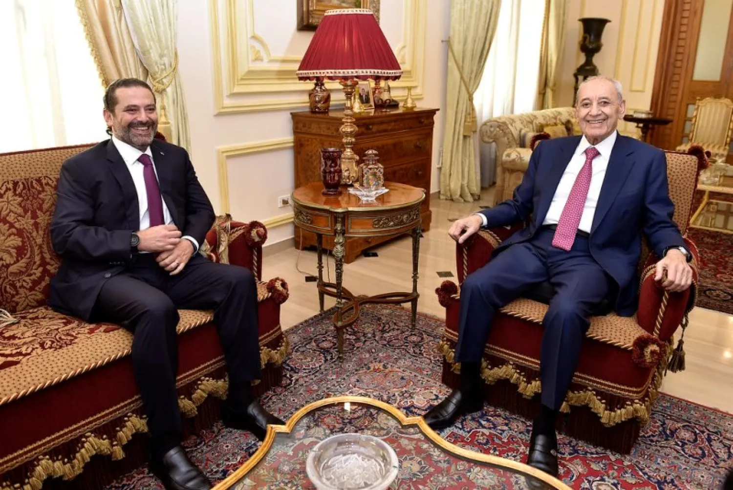 Speaker Nabih Berri meets with former PM Saad Hariri on Tuesday. (NNA) 
