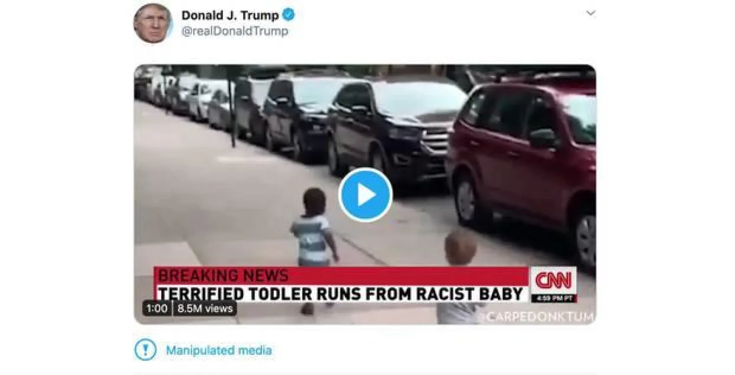 تغريدة الرئيس الأميركي دونالد ترمب عن فيديو «الطفل العنصري» (تويتر)