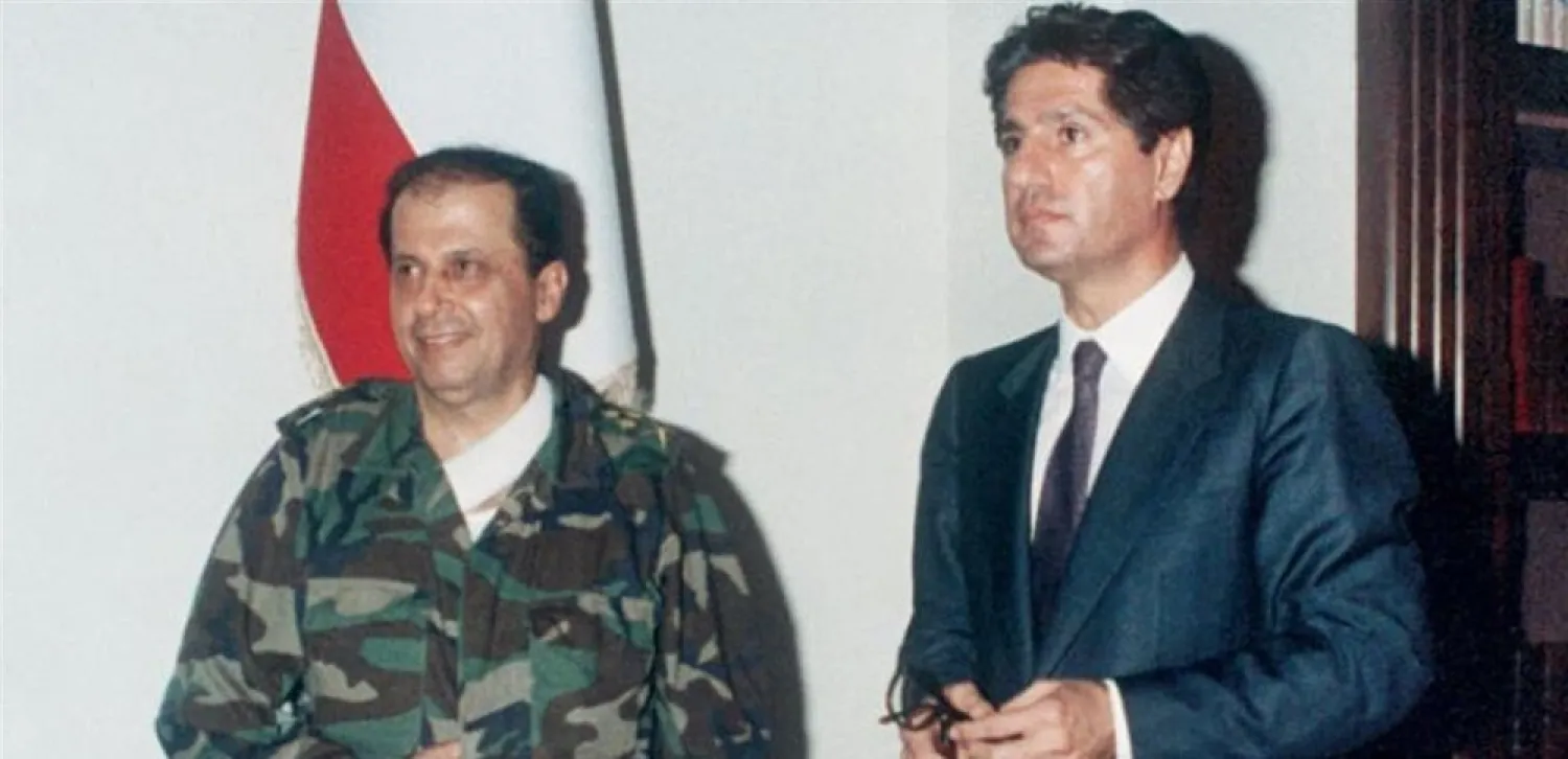 Amin Gemayel (R) seen at the Baabda presidential palace after Michel Aoun was named head of a military government. (Getty Images)