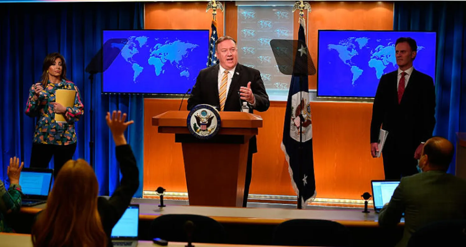 وزير الخارجية الأميركي مايك بومبيو خلال مؤتمر صحافي في واشنطن أمس (أ.ب)