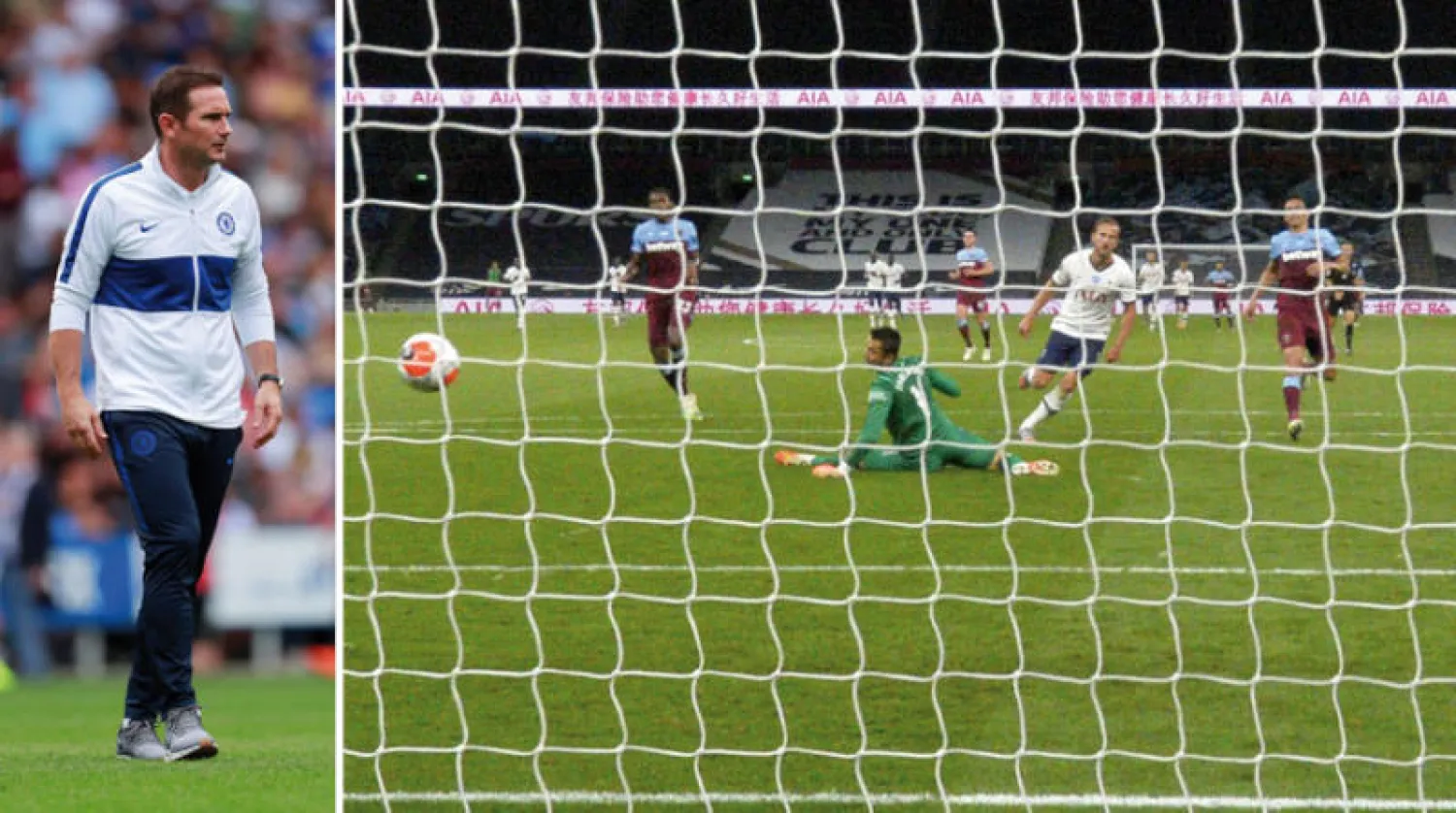 هاري كين يسجل الهدف الثاني لتوتنهام في مرمى وستهام (إ.ب.أ)  -  هل يقود لامبارد تشيلسي للفوز اليوم ويقدمه هدية لليفربول؟ (رويترز)