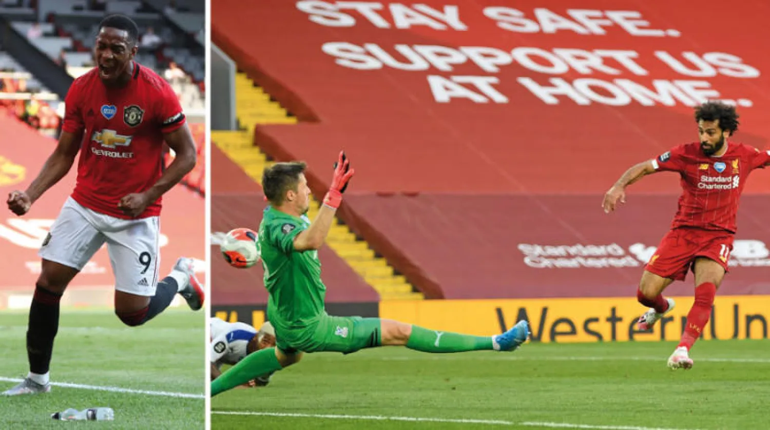صلاح يسجل ثاني أهداف ليفربول من الرباعية في مرمى كريستال بالاس ليرفع رصيده إلى 17 هدفاً هذا الموسم (أ.ب)  -  مارسيال يحتفل بثلاثيته الفريدة مع يونايتد في مرمى شيفيلد (إ.ب.أ)