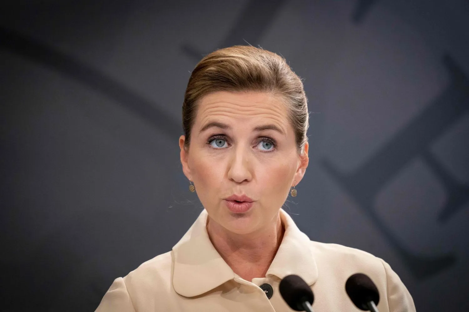 Danish Prime Minister Mette Frederiksen speaks during a coronavirus news conference in Copenhagen, Friday, May 29, 2020. (Liselotte Sabroe/Ritzau Scanpix via AP)