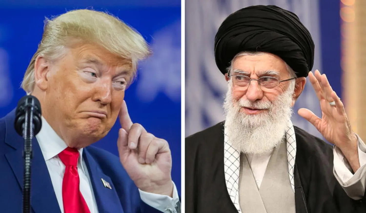 صورة مركبة تظهر الرئيس الأميركي دونالد ترمب خلال مؤتمر سياسي في فبراير الماضي بولاية ميريلاند والمرشد الإيراني علي خامنئي يلوح خلال حفل في طهران بإيران (إ.ب.أ)