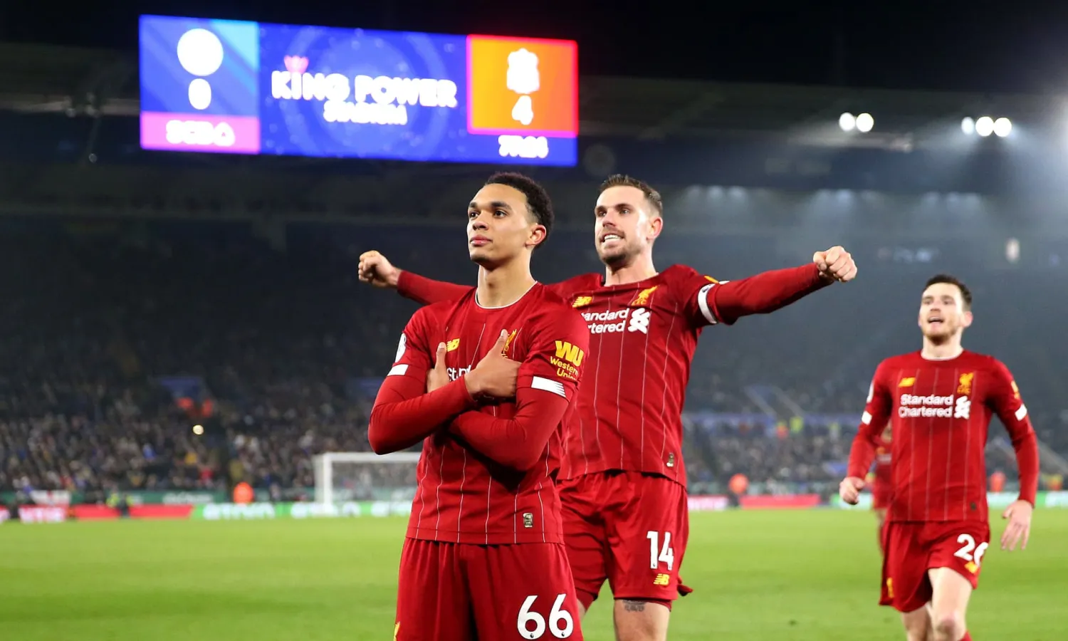 Trent Alexander-Arnold celebrates scoring Liverpool’s fourth goal against Leicester on Boxing Day. | Alex Pantling/Getty Images
