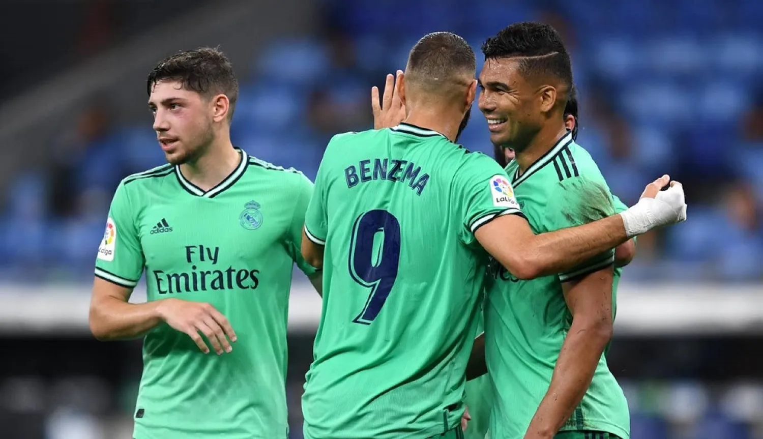Real Madrid players celebrate after scoring against Espanyol. (Getty Images)