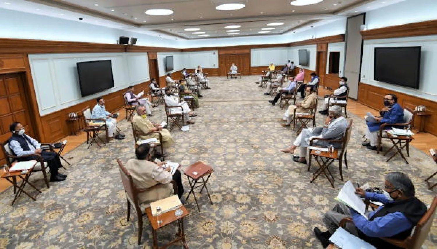 A handout photo made available by the Indian Press Information Bureau (PIB) shows the Indian Prime Minister, Narendra Modi (C), chairing the Cabinet meeting, in New Delhi, India, 01 June 2020. EPA