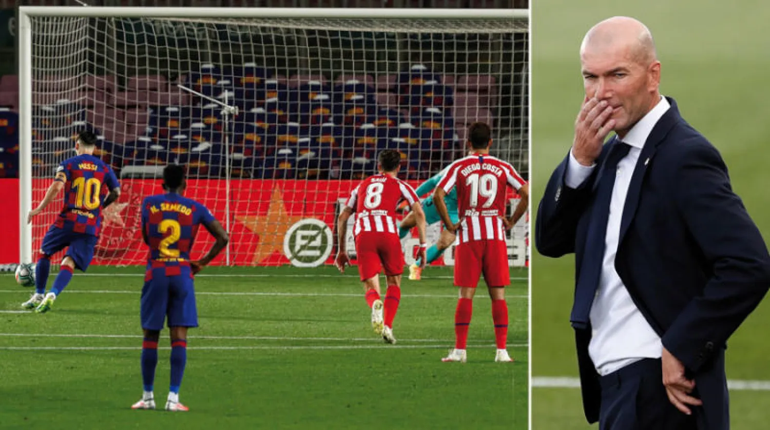 زيدان طالب لاعبي الريال بالحذر (رويترز)  -  ميسي يسجل بمهارة هدف برشلونة الثاني من ركلة الجزاء في مرمى أتلتيكو (أ.ب)