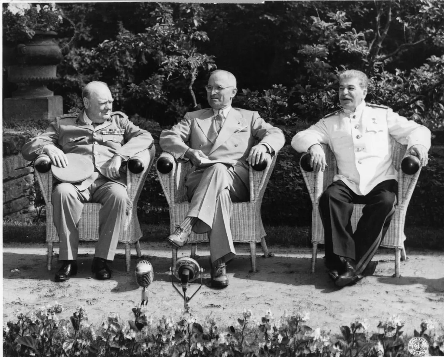 From left: Winston Churchill, President Harry S. Truman and Joseph Stalin in the garden at Cecilienhof during the 1945 conference.Credit...US Army Signal Corps, via Harry S. Truman Library