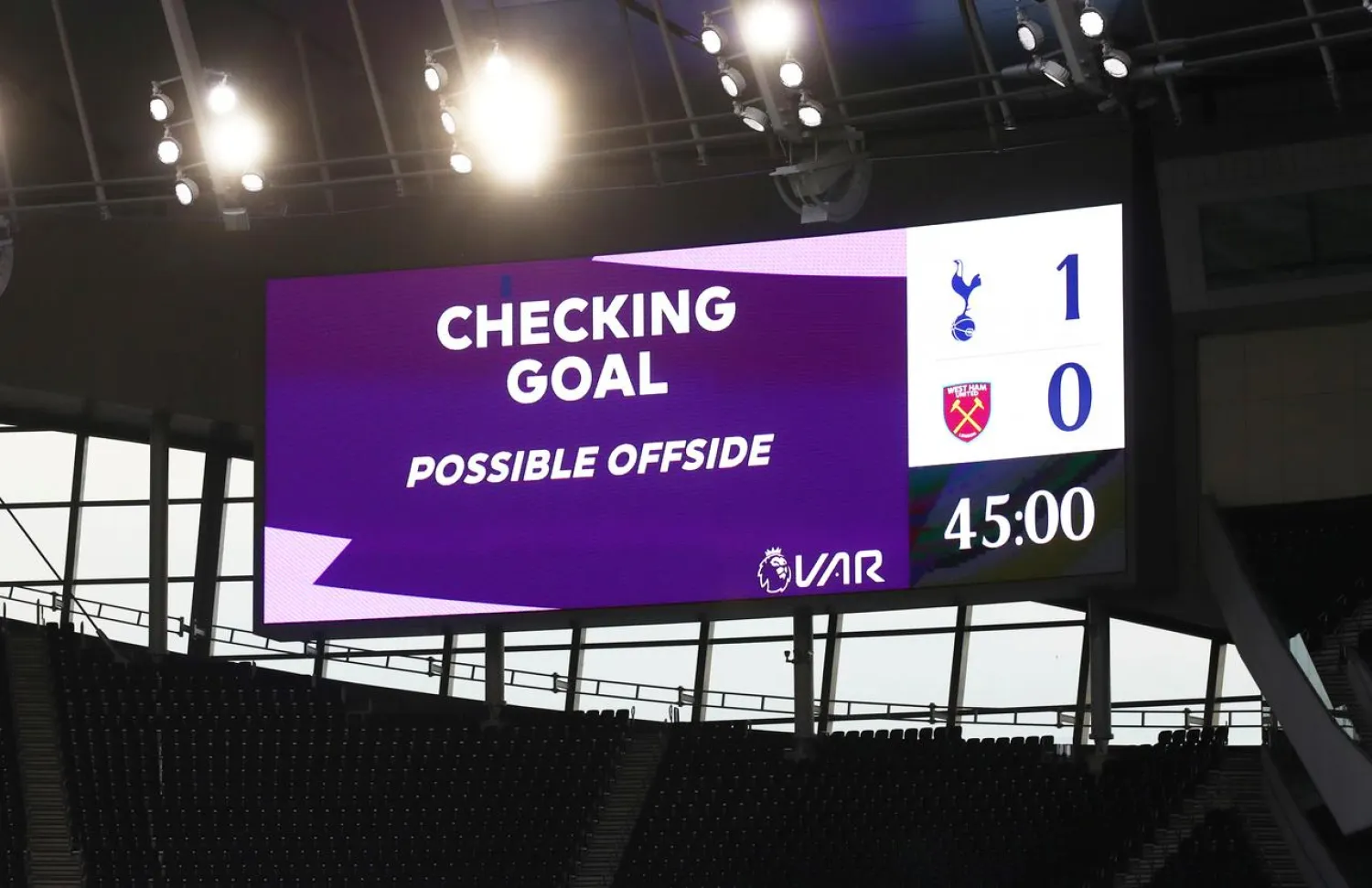 Screen showing the VAR review during the Premier League match between Tottenham Hotspur and West Ham United at Tottenham Hotspur Stadium, London, Britain, June 23, 2020. (Reuters)
