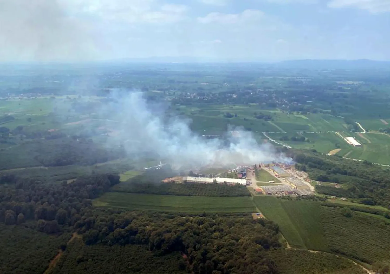 An aerial view of the firework factory following a blast is seen from a helicopter of Turkish Interior Minister Suleyman Soylu, in Hendek in Sakarya province, Turkey, July 3, 2020. (Reuters)