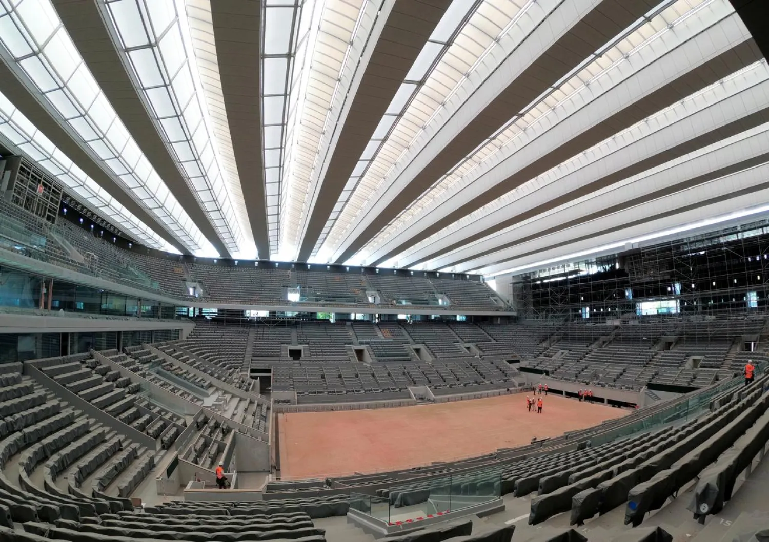 General view of the renovated Philippe-Chatrier central tennis court with its new retractable roof composed of 11 wings at Roland-Garros in Paris, France, May 27, 2020. (Reuters)