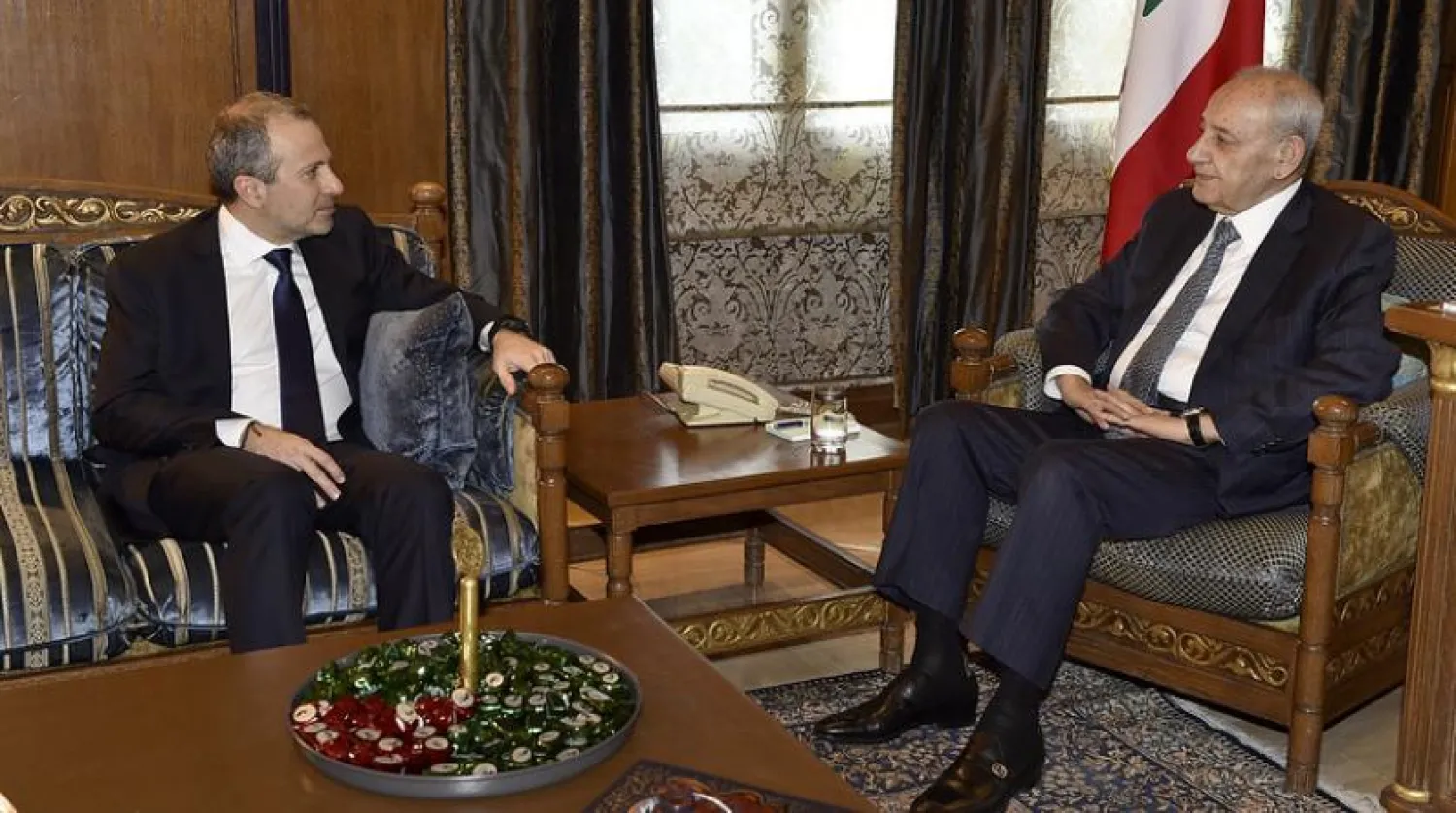 Speaker Nabih Berri and MP Gebran Bassil during a meeting in Ain el-Tineh (NNA)