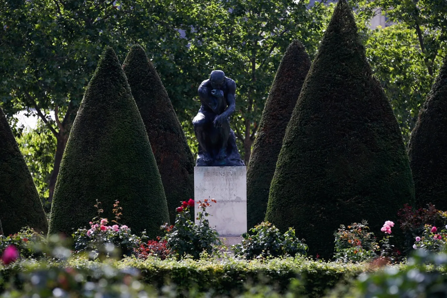 Rodin’s ‘The Thinker’ is seen at the Rodin museum garden in Paris after it was reopened on Tuesday as virus lockdown restrictions were eased. (Reuters)