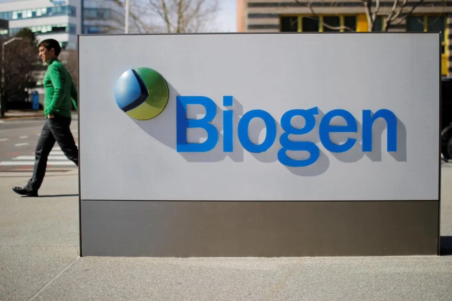 A sign marks a Biogen facility in Cambridge, Massachusetts, US, March 9, 2020. (Reuters)