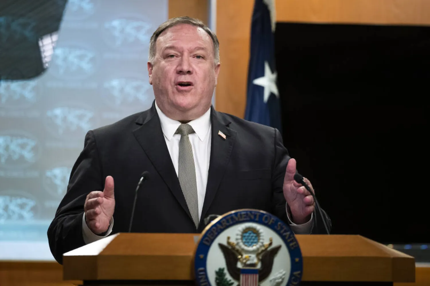 Secretary of State Mike Pompeo, speaks during a news conference at the State Department, Wednesday, July 1, 2020, in Washington. (AP Photo/Manuel Balce Ceneta, Pool)