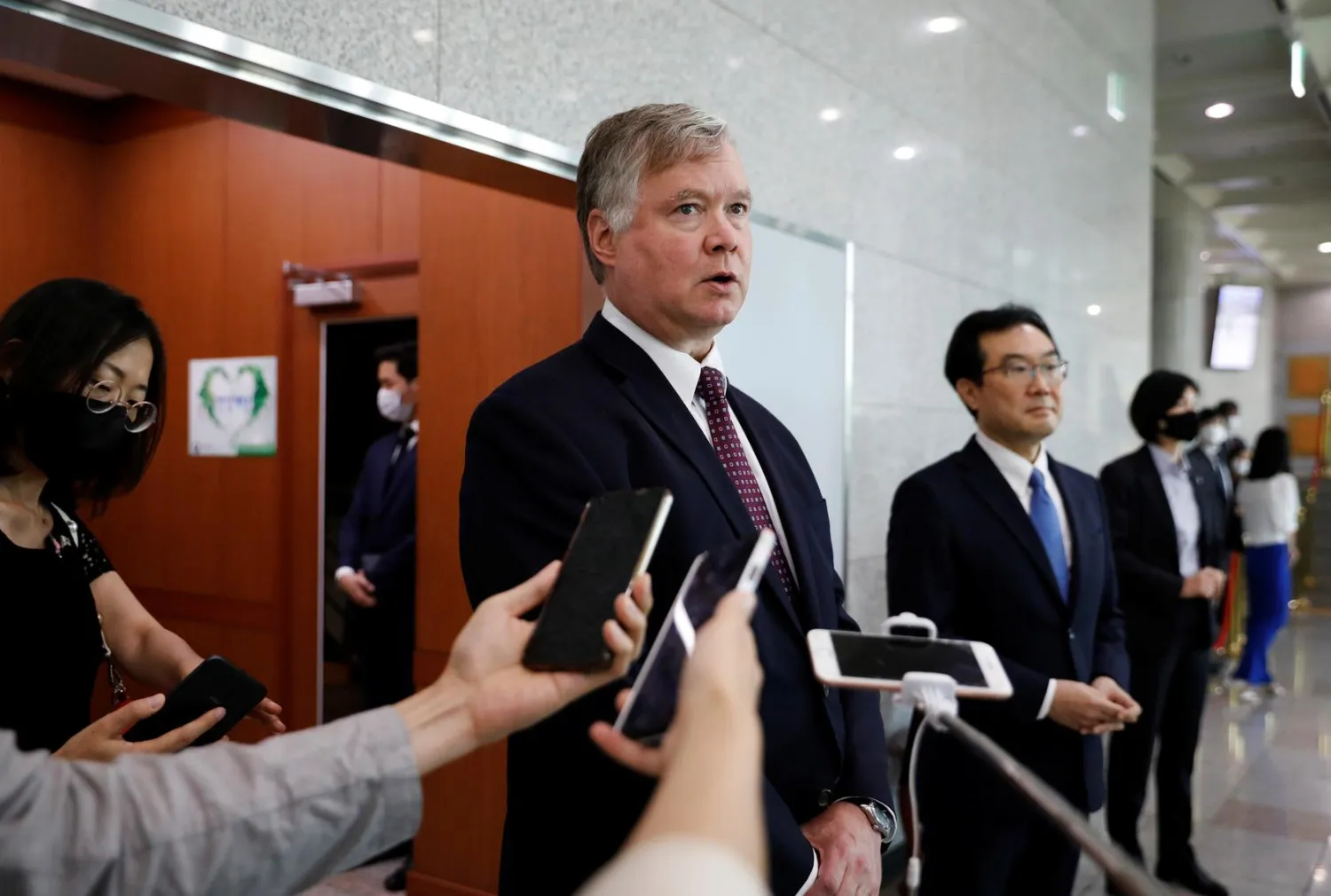 US Deputy Secretary of State Stephen Biegun speaks to the media beside his South Korean counterpart Lee Do-hoon after their meeting at the Foreign Ministry in Seoul, South Korea, July 8, 2020. (Reuters)