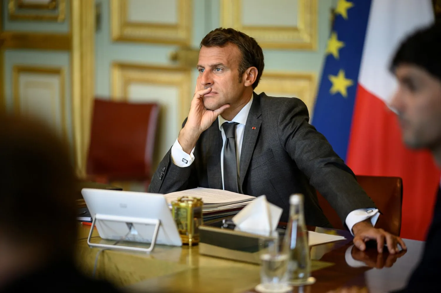 FILE PHOTO: French President Emmanuel Macron attends a virtual meeting with European leaders to discuss the bloc's budget and recovery fund, in Paris, France June 19, 2020. Eliot Blondet/Pool via REUTERS