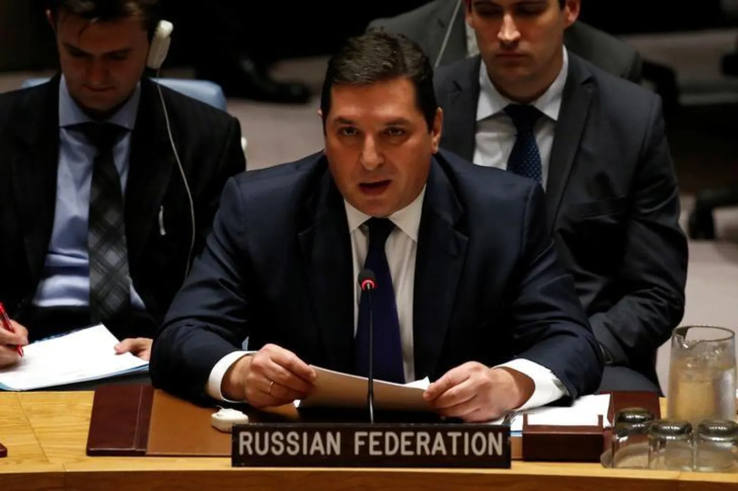 Deputy Permanent Representative of Russia to the UN Vladimir Safronkov addresses the UN Security Council as it meets to discuss the recent ballistic missile launch by North Korea at UN headquarters in New York, US, July 5, 2017. REUTERS/Mike Segar 