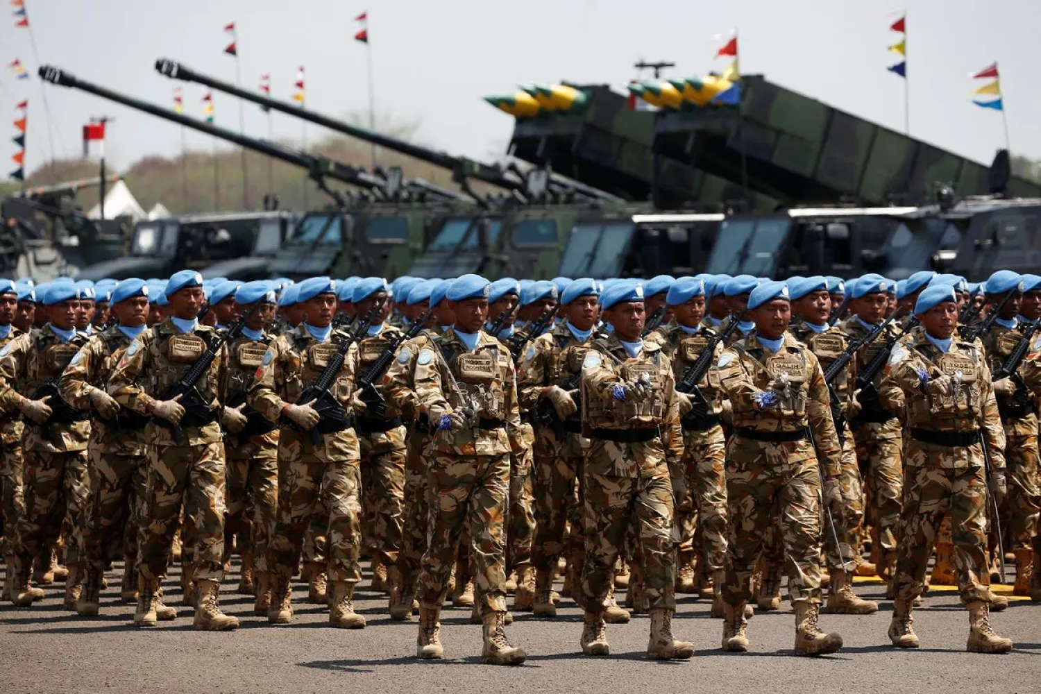 Indonesian peacekeeping forces personnel march in a parade during the celebrations for the 74th Indonesian National Armed Forces day at Halim Perdanakusuma airbase in Jakarta, Indonesia, October 5, 2019. REUTERS/Willy Kurniawan
