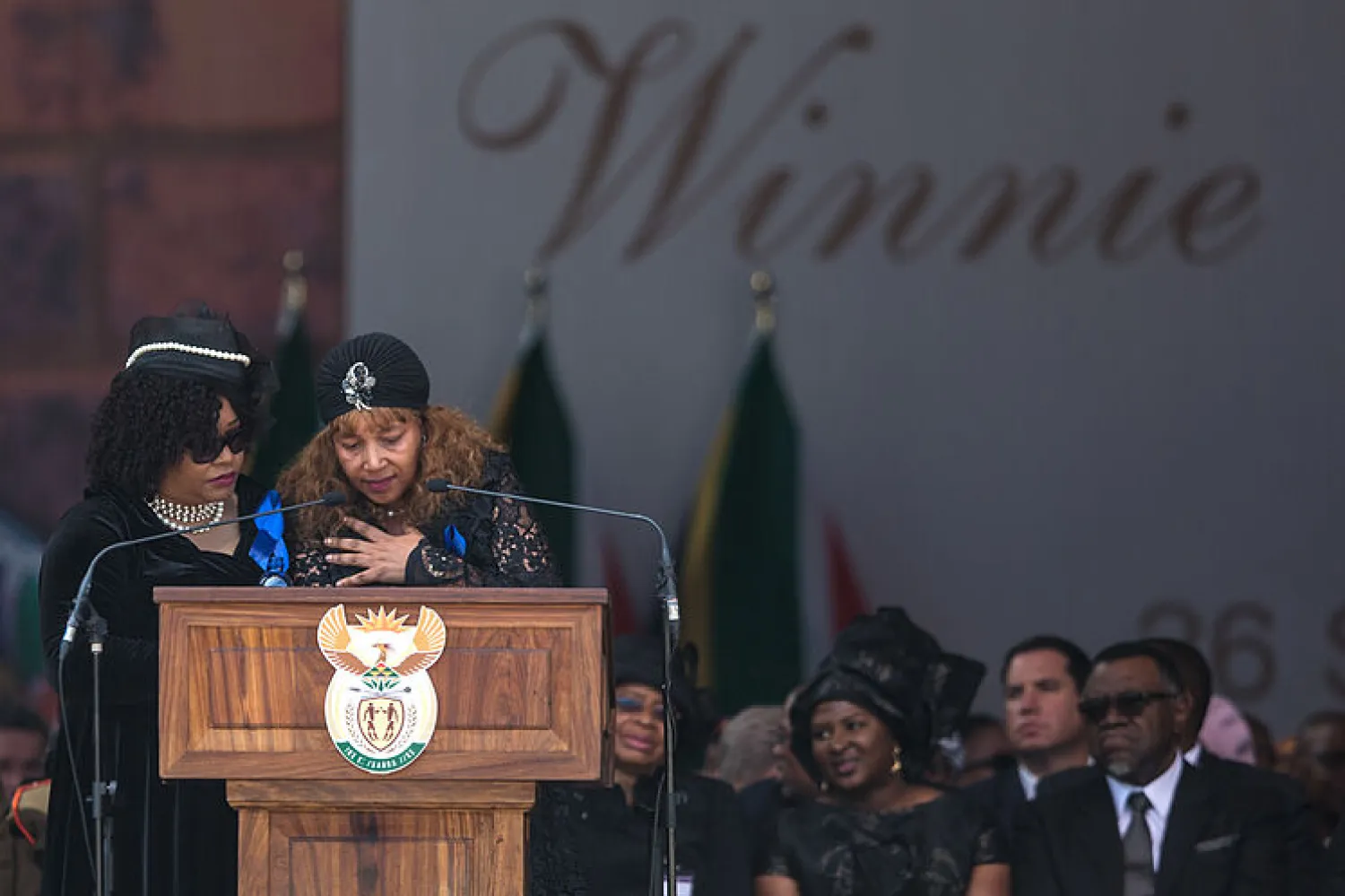 Zindzi Mandela, left, and her sister Zenani Mandela-Dlamini, at the funeral of their mother, Winnie Madikizela-Mandela in April 2018 | AFP