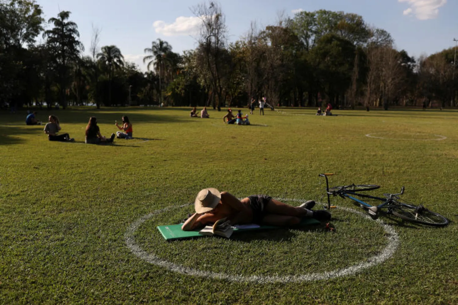 رجل يقرأ في حديقة عامة بمدينة ساو باولو البرازيلية حيث رُسمت دوائر في العشب ضماناً للتباعد (رويترز)
