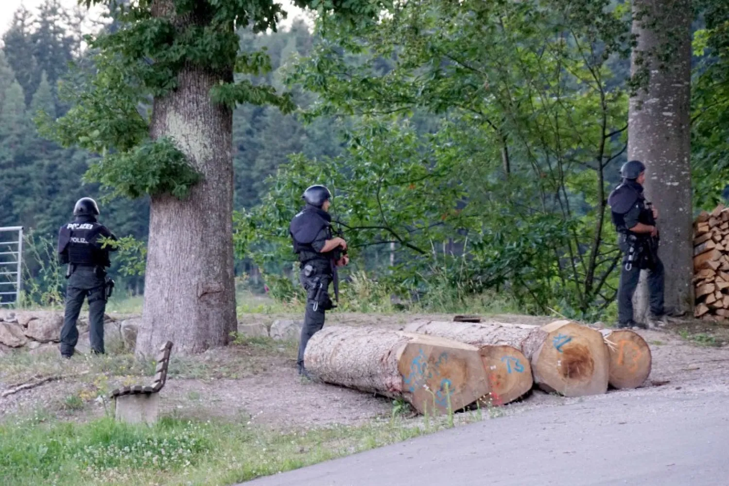 Police officers stay outside a wooded area on a road near Oppenau, Germany, Monday, July 13, 2020. (Sven Kohls/dpa via AP)