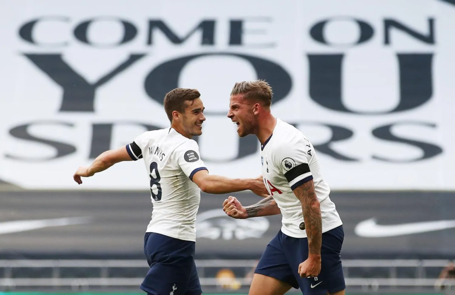Tottenham Toby Alderweireld celebrates scoring their second goal against Arsenal at Tottenham Hotspur Stadium, London, Britain, July 12, 2020. (Reuters)