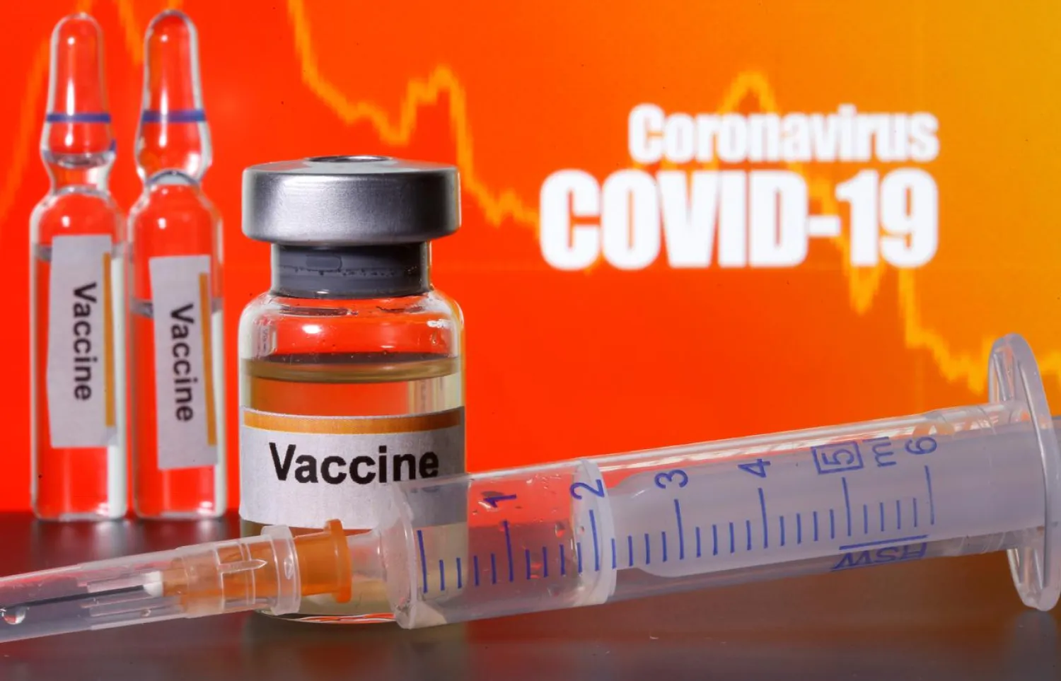 FILE PHOTO: Small bottles labeled with "Vaccine" stickers stand near a medical syringe in front of displayed "coronavirus COVID-19" words in this illustration taken April 10, 2020. REUTERS/Dado Ruvic/Illustration