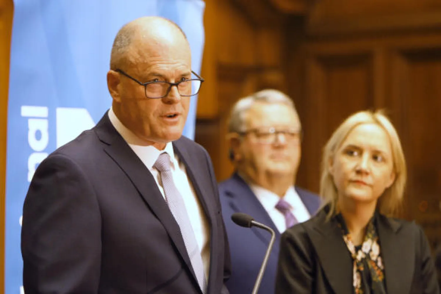 National Party's Todd Muller addresses a press conference with his duty Nikki Kaye after deposing Simon Bridges as leader of the party in Wellington, New Zealand, Friday, May 22, 2020. Muller challenged Bridges following two disastrous opinion polls for the party which indicated that New Zealand Prime Minister Jacinda Ardern was headed for a huge victory in the September general election. (AP Photo/Nick Perry)
