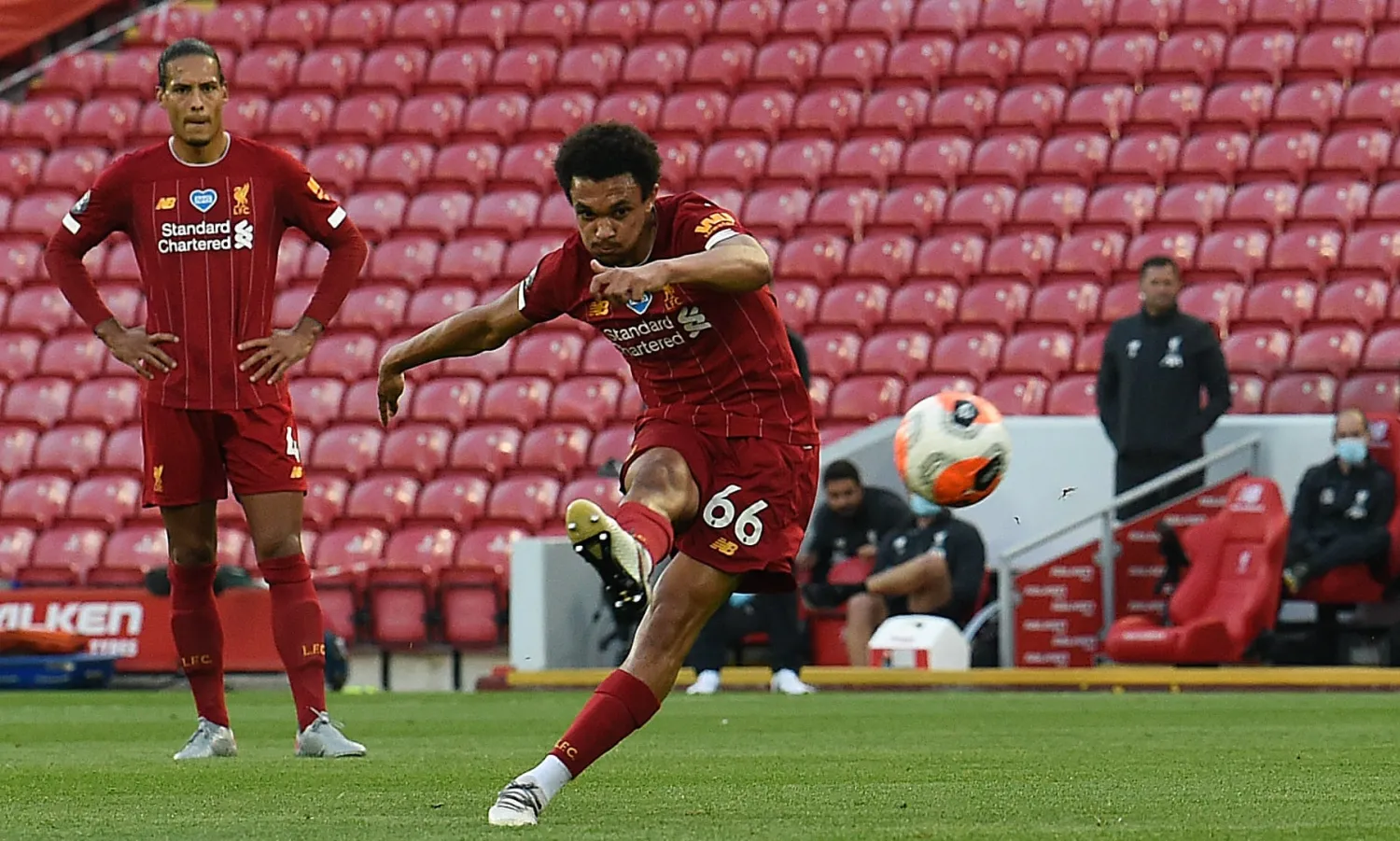  Trent Alexander-Arnold strikes the free-kick that put Liverpool ahead and sparked a ruthless attacking display. Photograph: John Powell/Liverpool FC/Getty Images