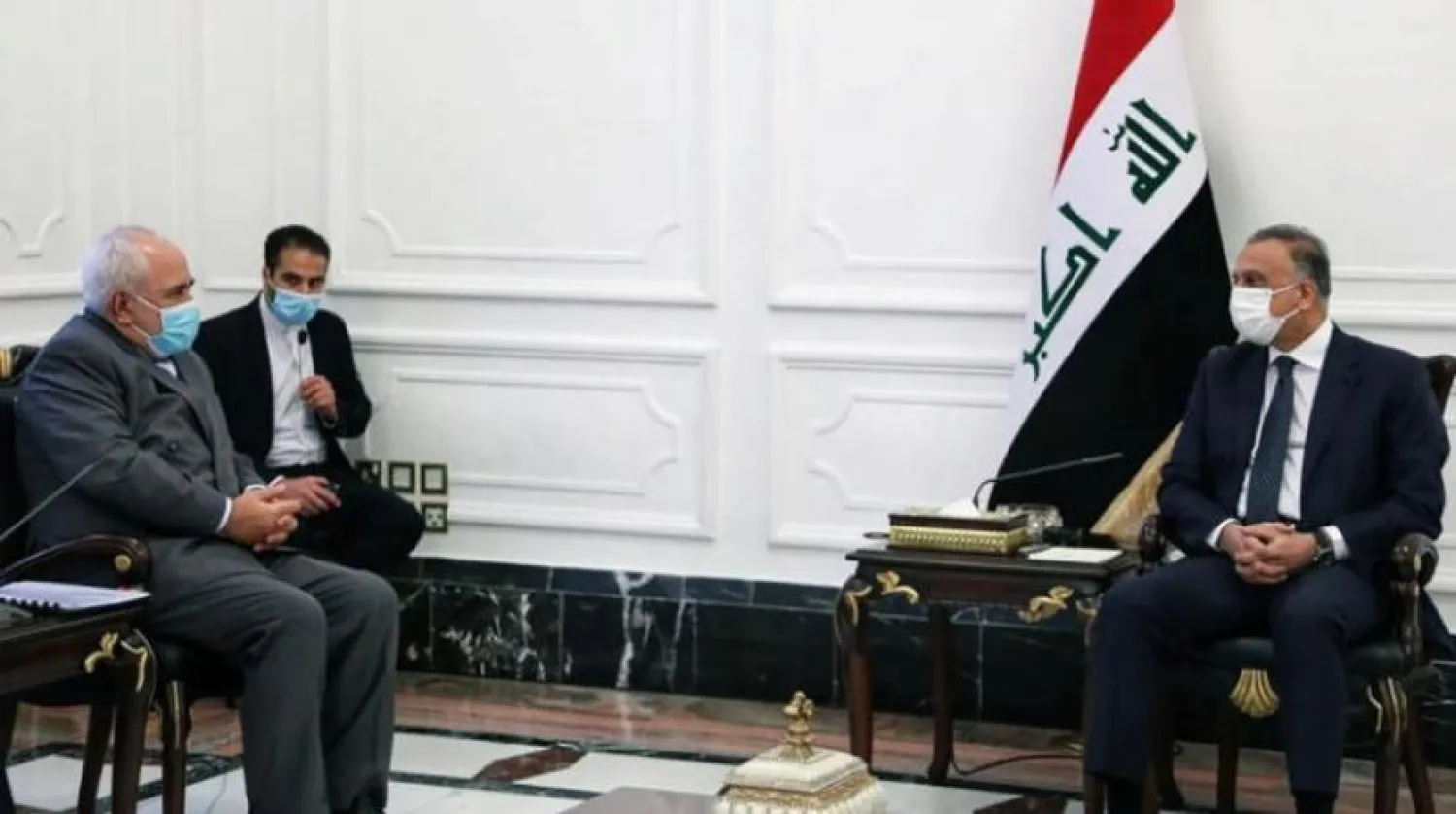 Irak Başbakanı Mustafa el-Kazimi ve İran Dışişleri Bakanı Muhammed Cevad Zarif’in bugünkü görüşmesinden (AFP)