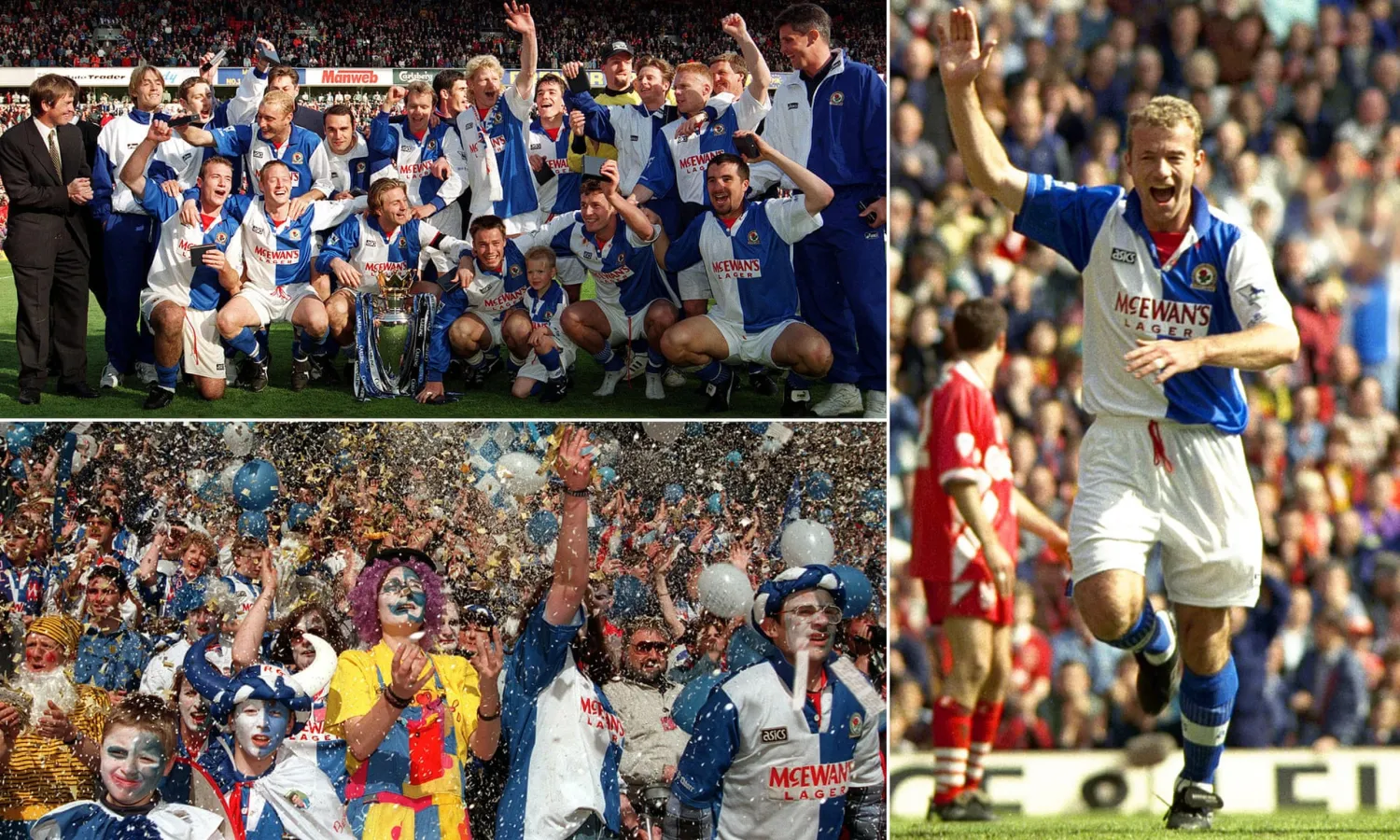 Clockwise from top left: Blackburn with the trophy; Alan Shearer celebrates scoring the opening goal; Rovers fans go wild at Anfield. Composite: Action Images