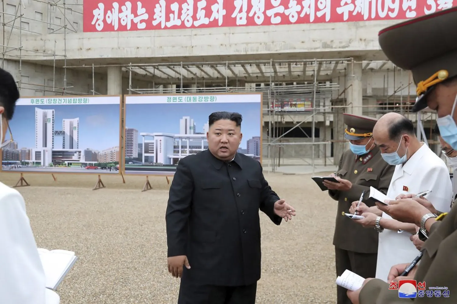 In this undated photo provided on July 20, 2020 by the North Korean government, North Korean leader Kim Jong Un, center, visits a construction site of a hospital in Pyongyang, North Korea. (AP)