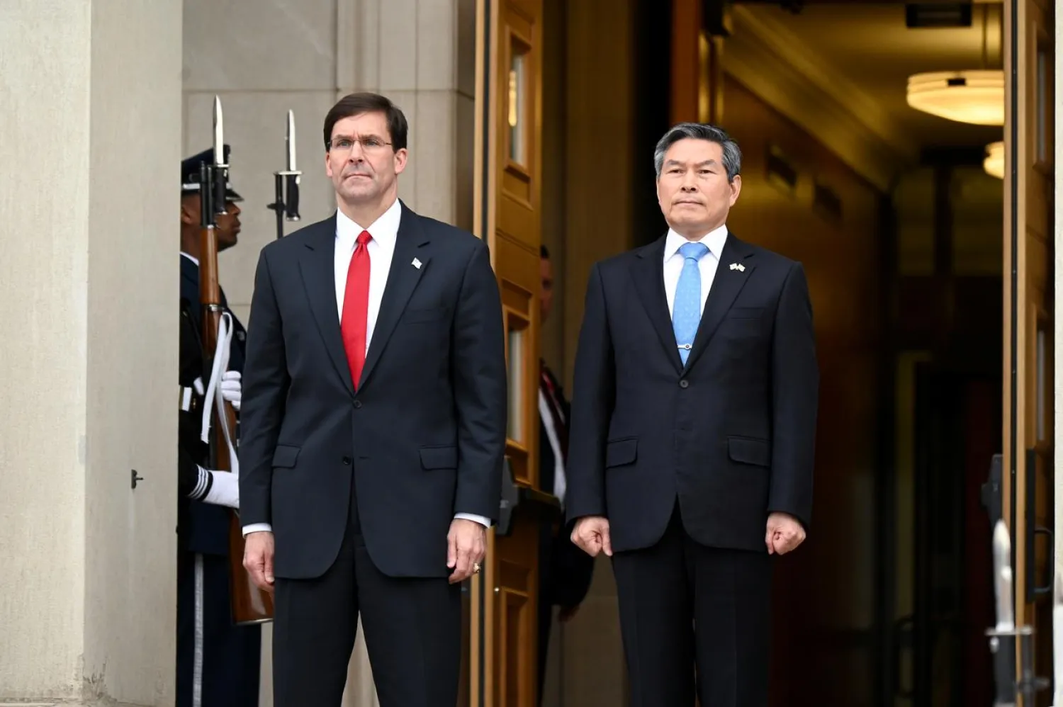 US Defense Secretary Mark Esper welcomes South Korea's National Defense Minister Jeong Kyeong-doo to the Pentagon in Washington, US, February 24, 2020. (Reuters)