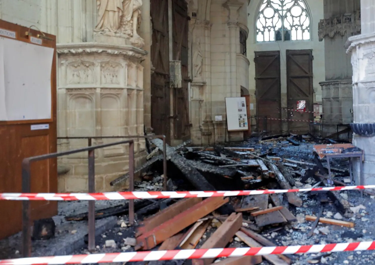 A view of debris caused by a fire inside the Cathedral of Saint Pierre and Saint Paul in Nantes, France, July 18, 2020. (Reuters)