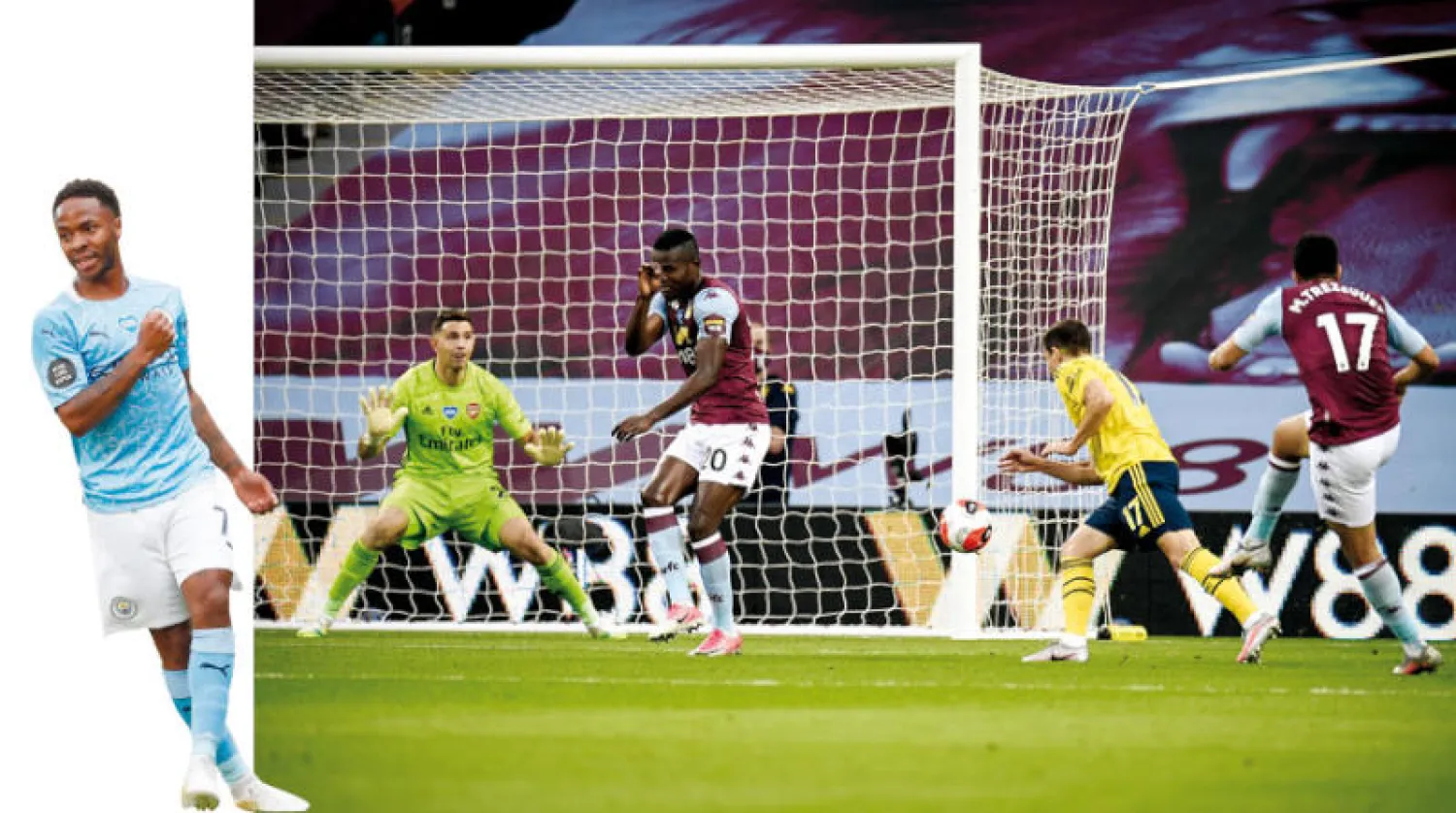 المصري محمود تريزيغيه (يمين) يسدد مسجلاً هدف فوز فيلا في شباك آرسنال (إ.ب.أ)  -  سترلينغ سجل ثنائية من رباعية سيتي في واتفورد (أ.ف.ب)