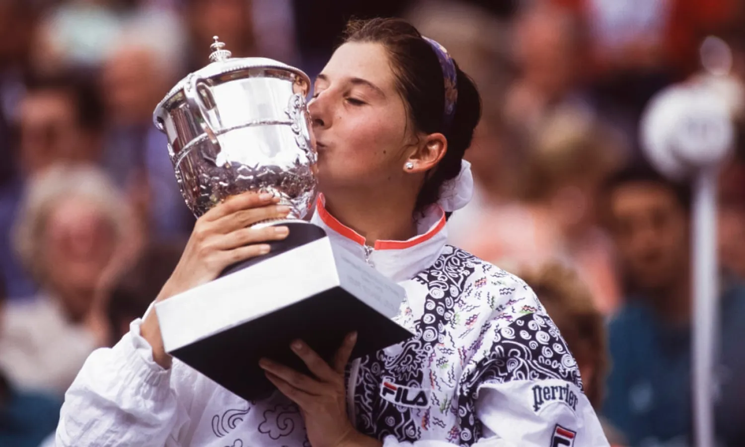  Monica Seles after winning the French Open in 1992. She was statistically the greatest teenager in history. Photograph: Pool BOLCINA/SAMPERS/Gamma-Rapho/Getty Images
