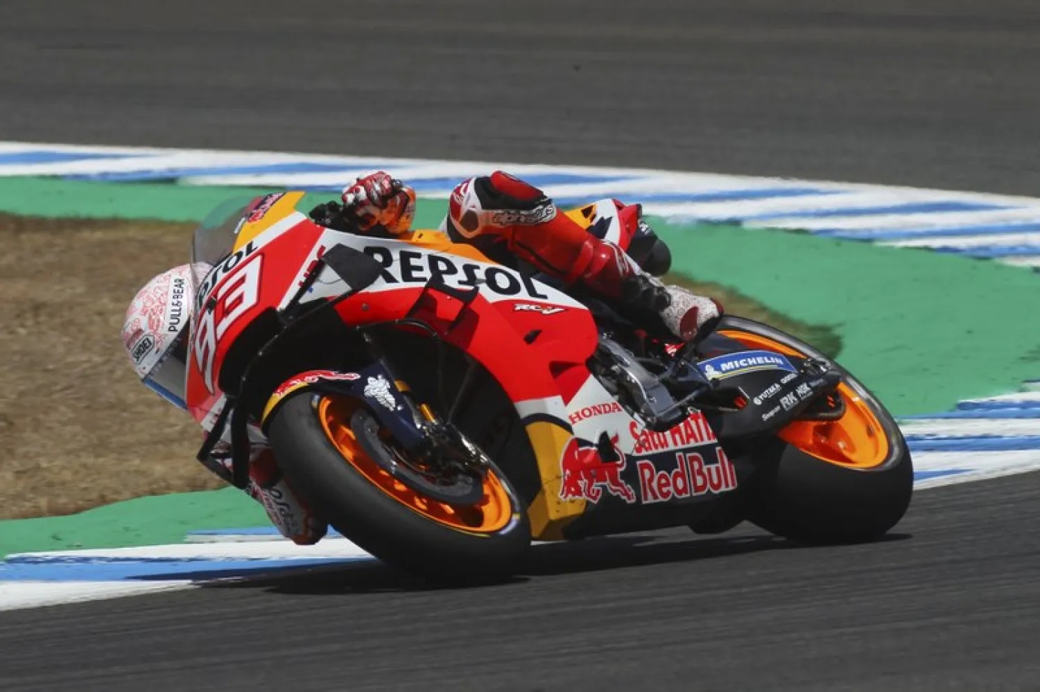 MotoGP rider Marc Marquez of Spain steers his motorcycle during the Spanish Motorcycle Grand Prix at the Angel Nieto racetrack in Jerez de la Frontera, Spain, Sunday, July 19, 2020. (AP Photo/David Clares)