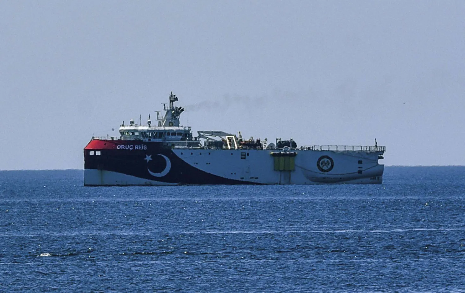 In this photograph taken from the Mediterranean shores near the city of Antalya, Turkey, a view of the research vessel Oruc Reis, Wednesday, July 22, 2020. (Semih Ersozler/DHA via AP)