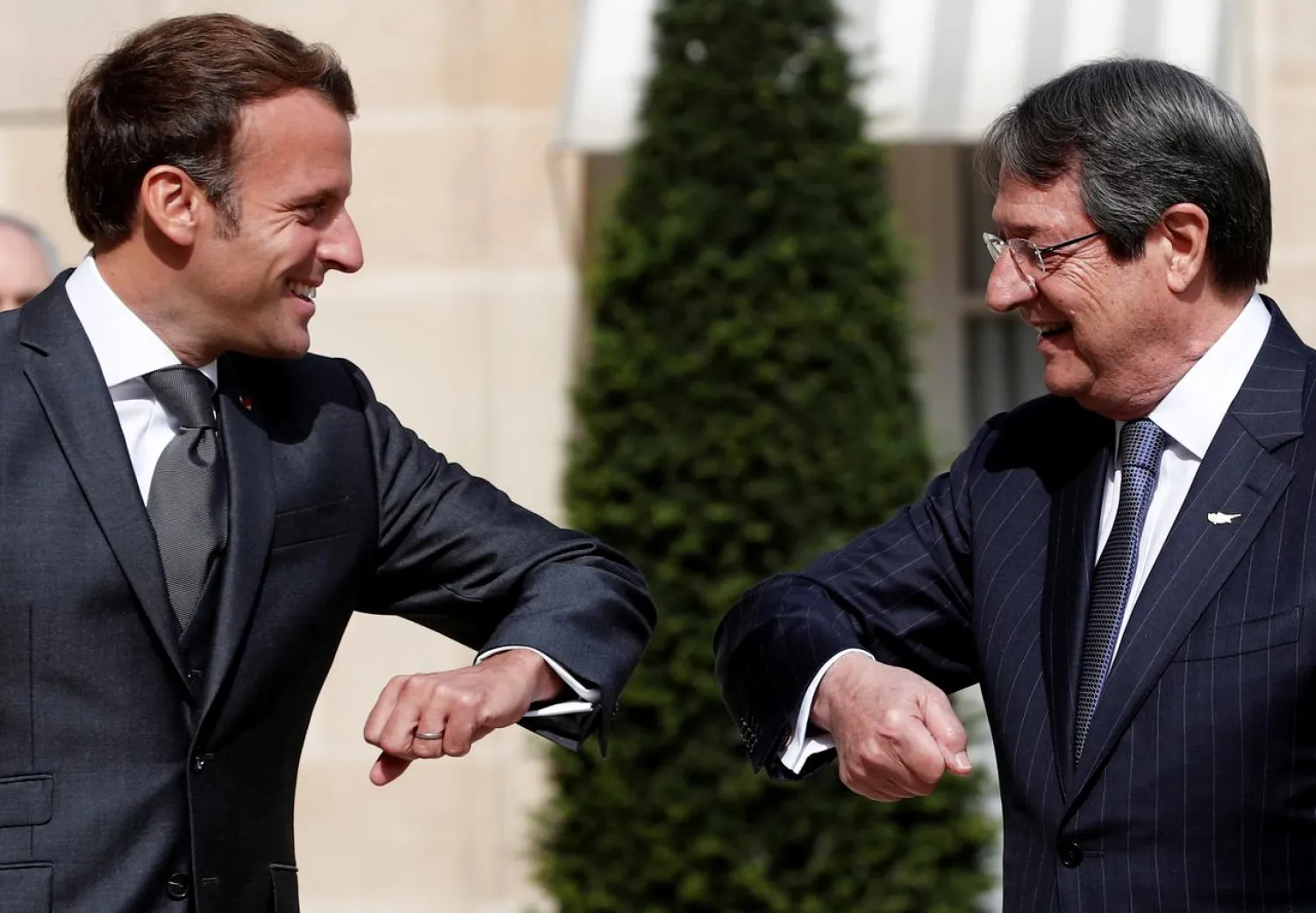 French President Emmanuel Macron welcomes his counterpart of Cyprus Nicos Anastasiades at the Elysee Palace in Paris, France, July 23, 2020. REUTERS/Benoit Tessier
