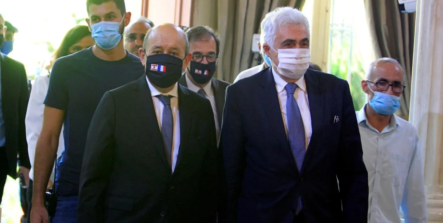 French Foreign Affair Minister Jean-Yves Le Drian as he meets with Lebanon's Foreign Minister Nassif Hitti at the Ministry of Foreign Affairs in Beirut, Lebanon July 23, 2020. (Reuters)