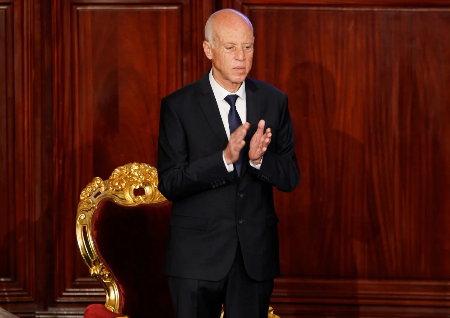 Tunisia’s elected president Kais Saied gestures during his swearing-in ceremony at the Assembly of People’s Representatives in Tunis, Tunisia October 23, 2019. REUTERS/Zoubeir Souissi/File Photo