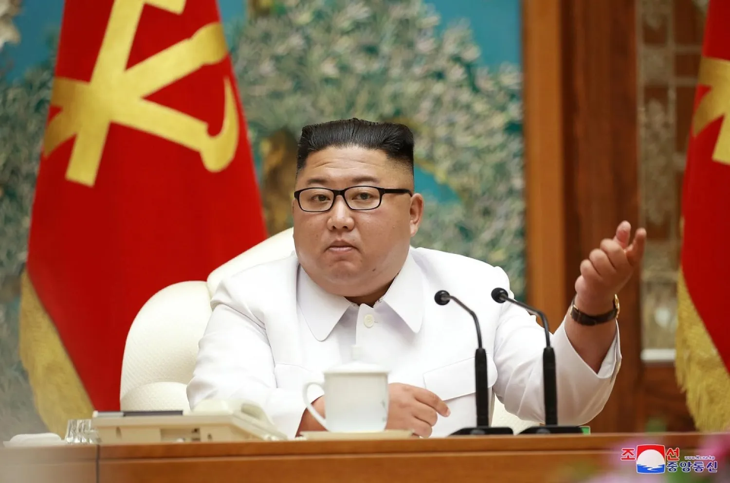 North Korean leader Kim Jong Un holds an emergency enlarged meeting of Political Bureau of WPK Central Committee in this undated photo released on July 25, 2020 in Pyongyang. (KCNA via Reuters)
