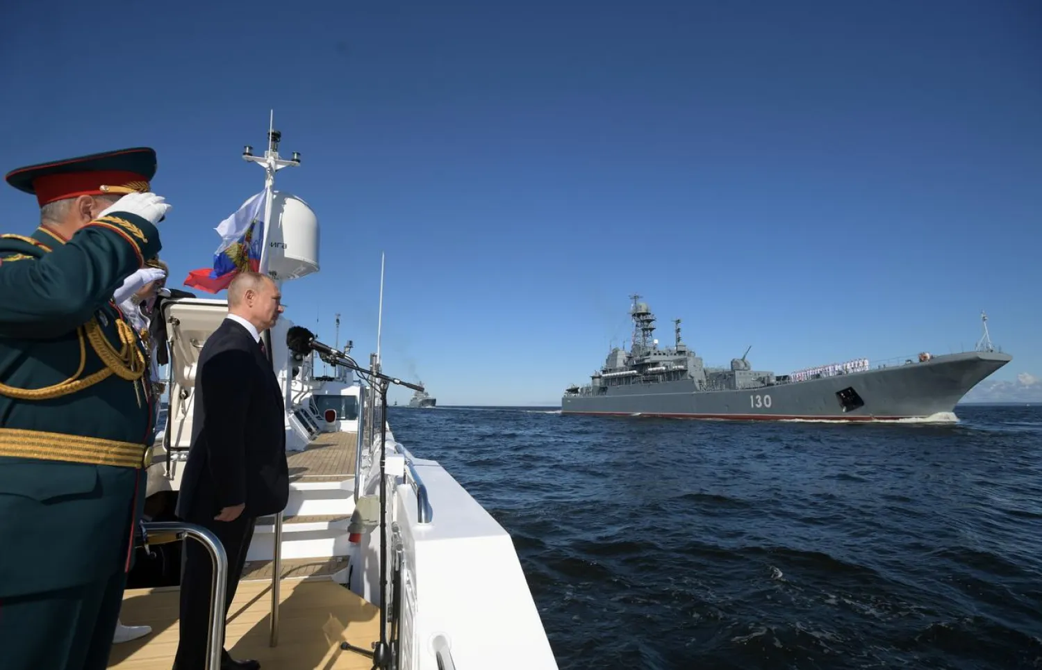 Russia's President Vladimir Putin inspects warships before the Navy Day parade in Saint Petersburg, Russia July 26, 2020. (Reuters)